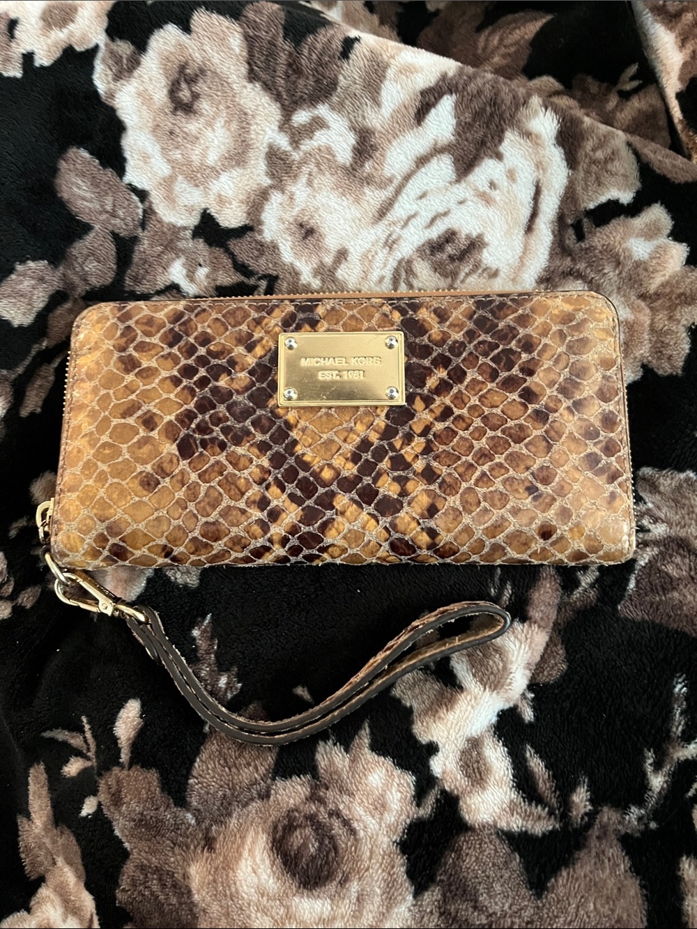 Michael Kors Brown Snake-Embossed Zip Wristlet Wallet